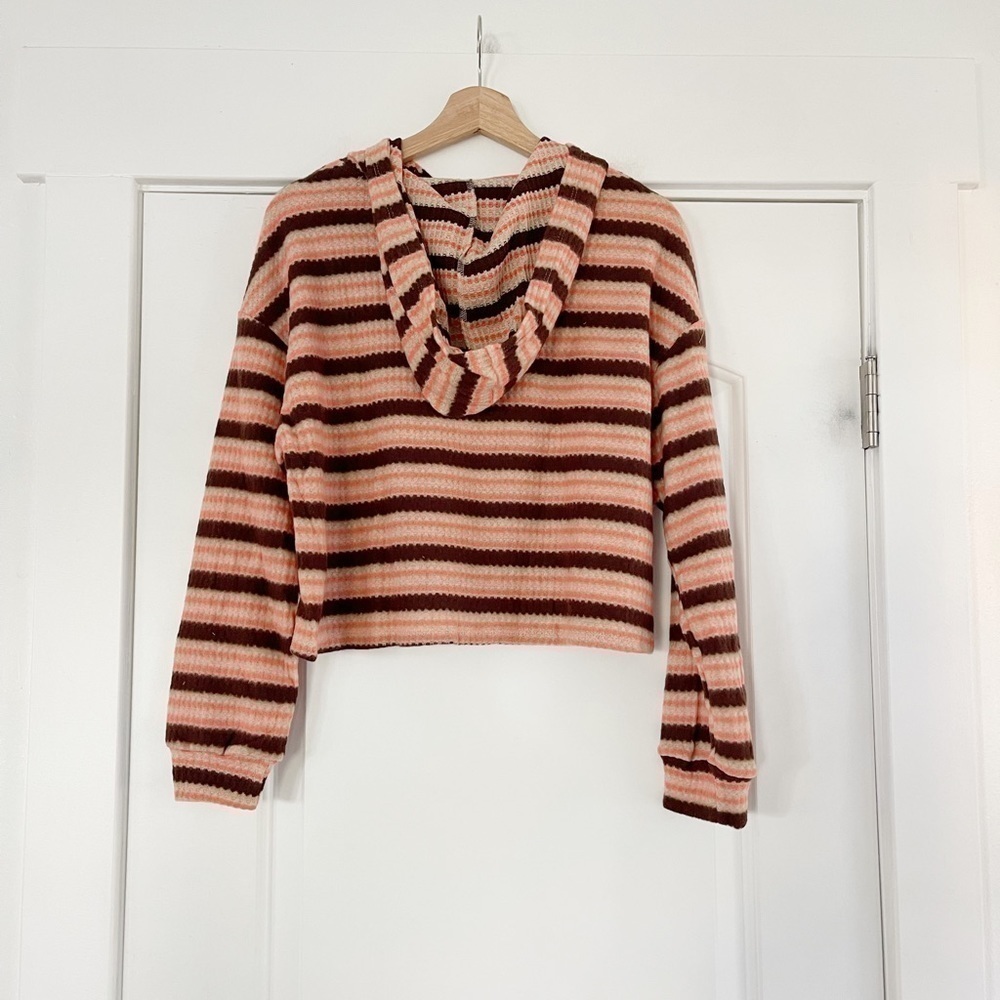 Lush Waffle Knit Striped Crop Sweater Coral/Brown - XS - Picture 4 of 4